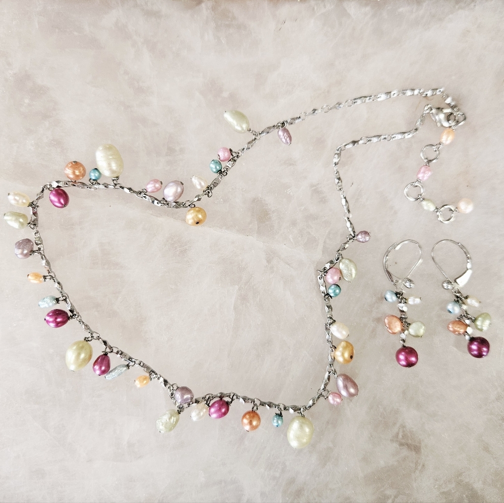 Vintage Demi Parure Multicolor Freshwater Baroque Pearl Necklace & Earrings Set